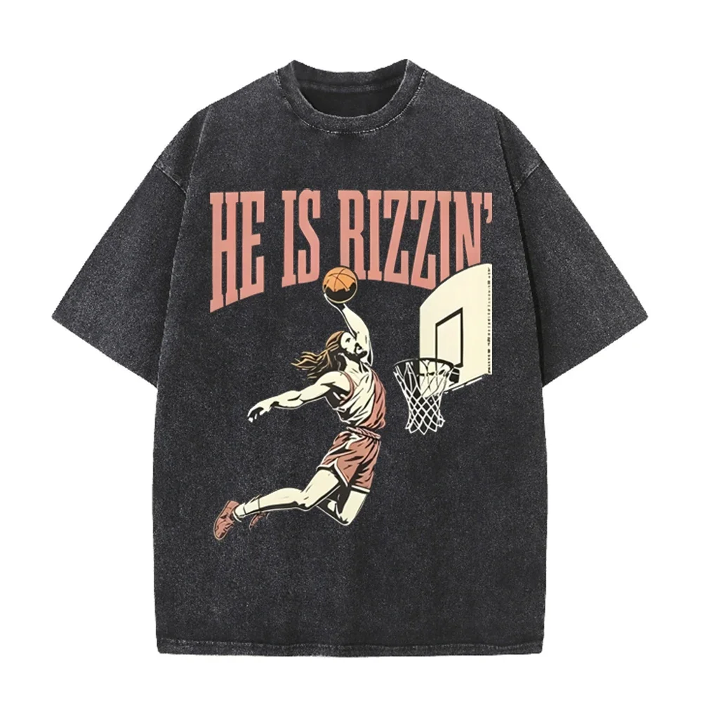 2026 He Is Rizzin Vintage Dunk Basketball Player Graphic Black Washed T Shirt Funny Sports Meme Casual Oversized Unisex Short Sl