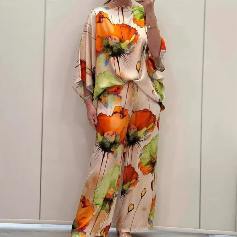 Summer Fashion Printed Satin Two Piece Sets Women Sexy Round Neck 3/4 Sleeved Top + Wide Leg Long Pants Casual Two Piece Set