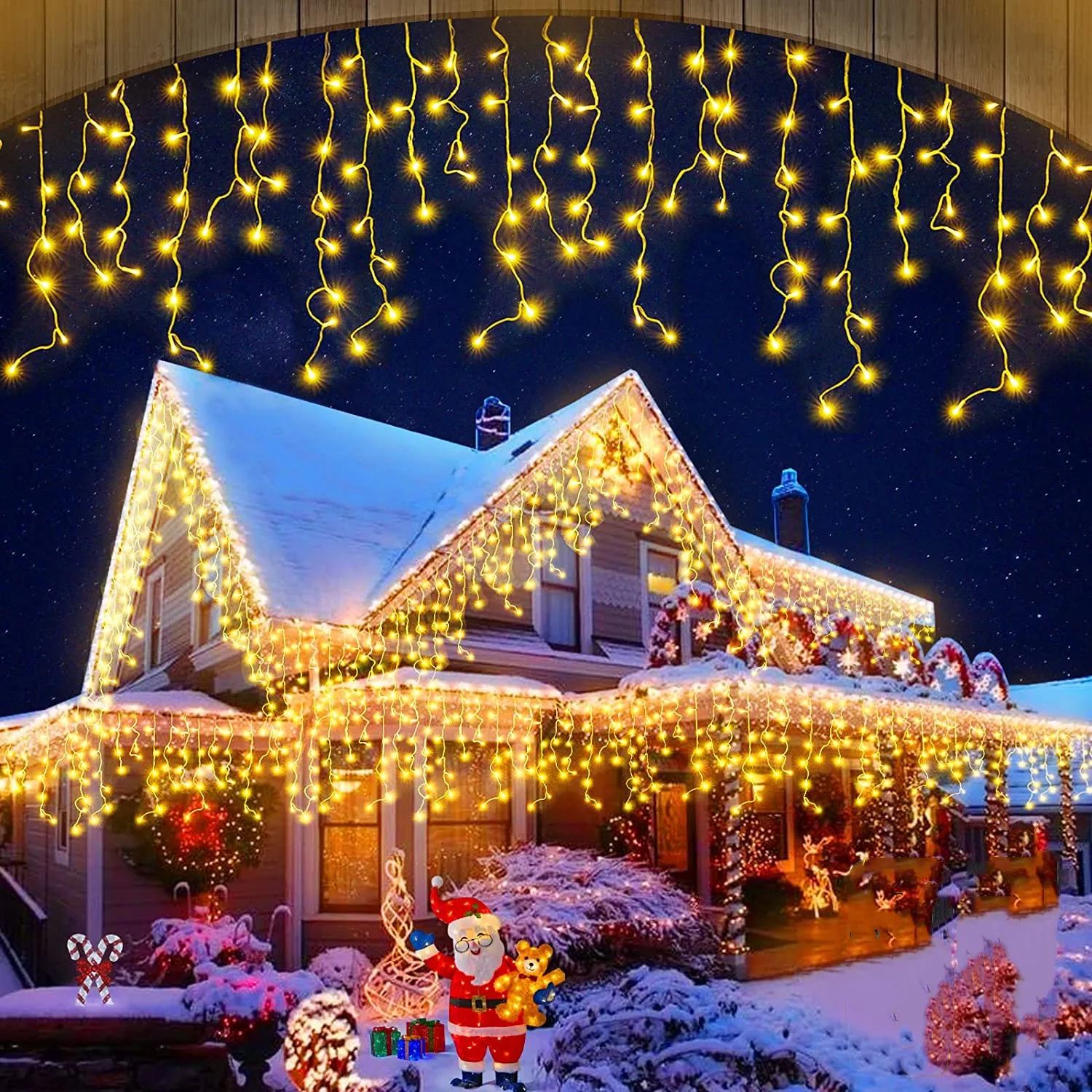 Christmas Decorations 2024 Upgrade Curtain Garlands Led Icicle String Lights 5M Droop 0.5-0.7M Plug Powered New Year 2024