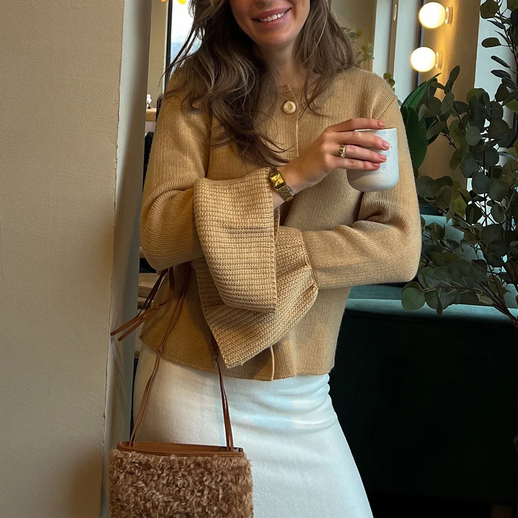 

2025 New Fashion Button Bell Sleeve Knitted Cardigan Women's Autumn Casual Loose Solid Color Round Neck Jacket For Women