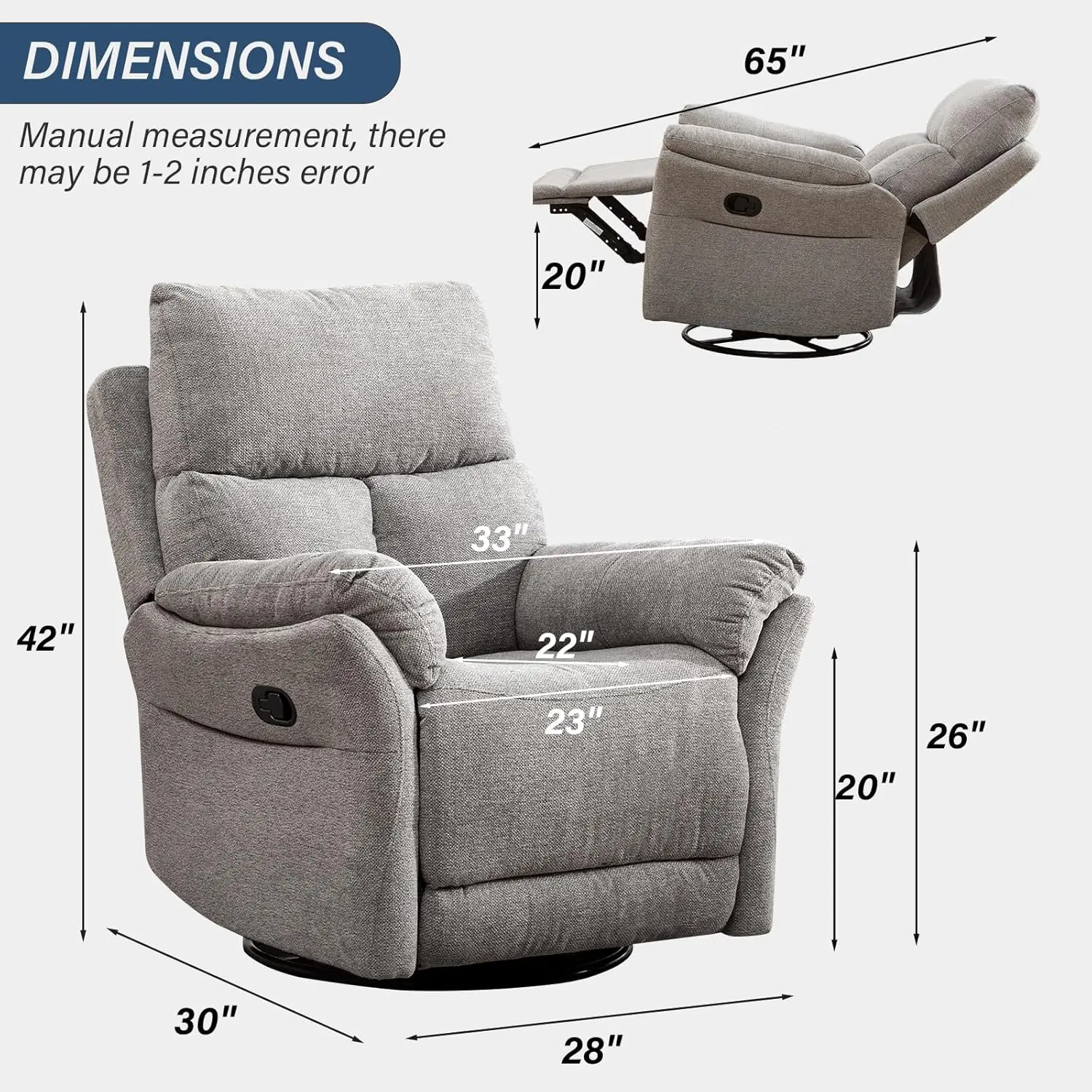 Swivel Rocker Recliner Chair, Manual Fabric Glider Nursery Recliner Chair, Single Rocking Modern Sofa