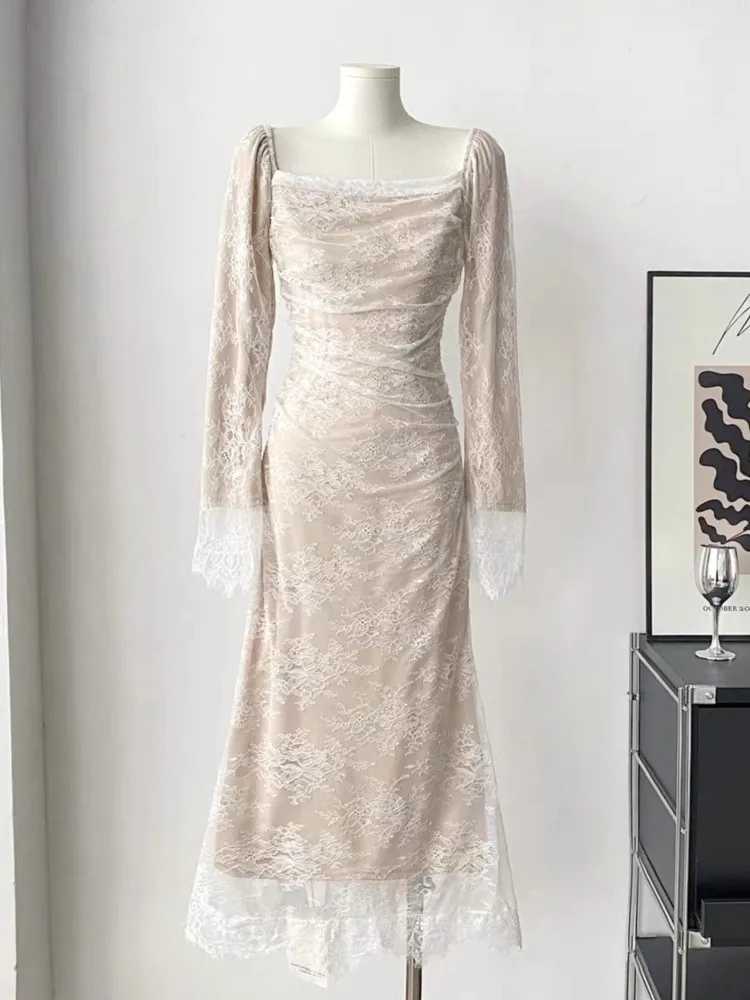 الخريف الأزهار الدانتيل ميدي المرأة فستان أنيق وأنيق Bodycon حفلة موسيقية فساتين الإناث خمر سليم ملابس السهرة جديد