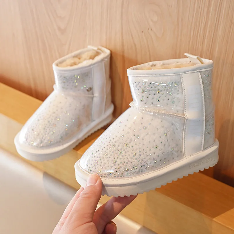 Winter New Style Girl Transparent Glitter Waterproof Cotton Coots Korean Princess Kids Warm Snow Boots XZ260