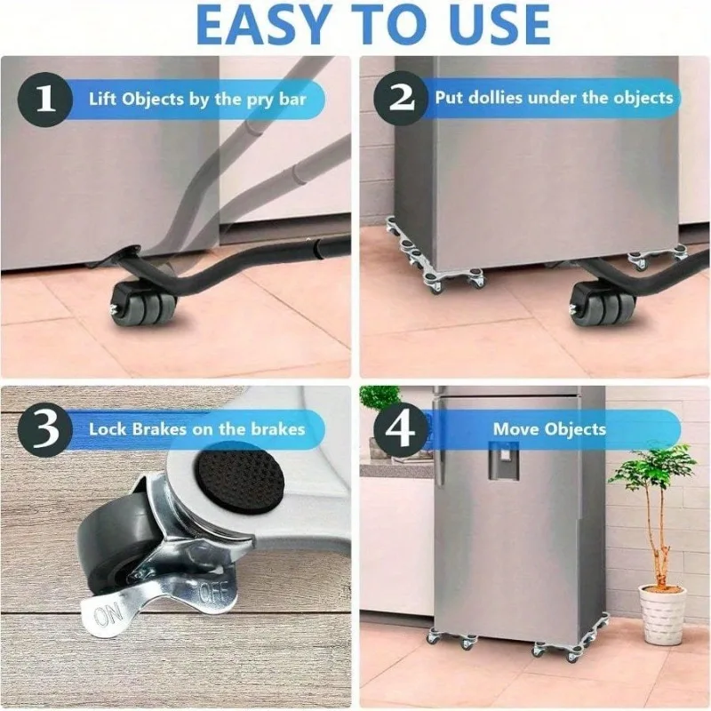 4 Bases Pry Bar Heavy Lifting Tool for Moving Furniture, Universal Wheels, Refrigerator Base, Cabinet Lifter, Caster, Bed Mover, Relocation and Cleaning Helper