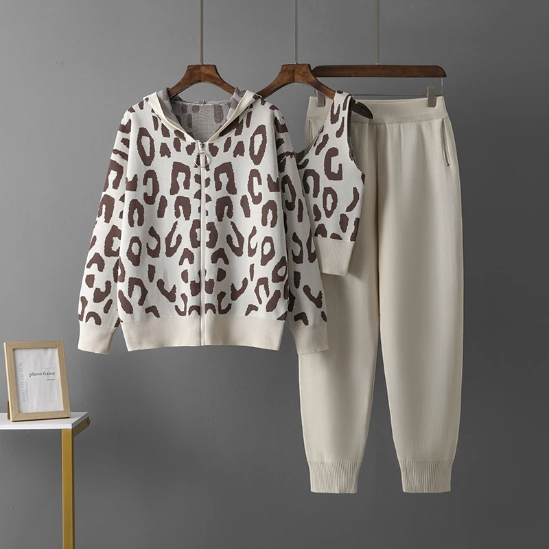 HLBCBG Jesień Ponadgabarytowy Damski Kardigan Sweter z kapturem Dresy Leopard Dzianinowe Kombinezony Harem Spodnie 2-częściowe Zestawy Zimowe