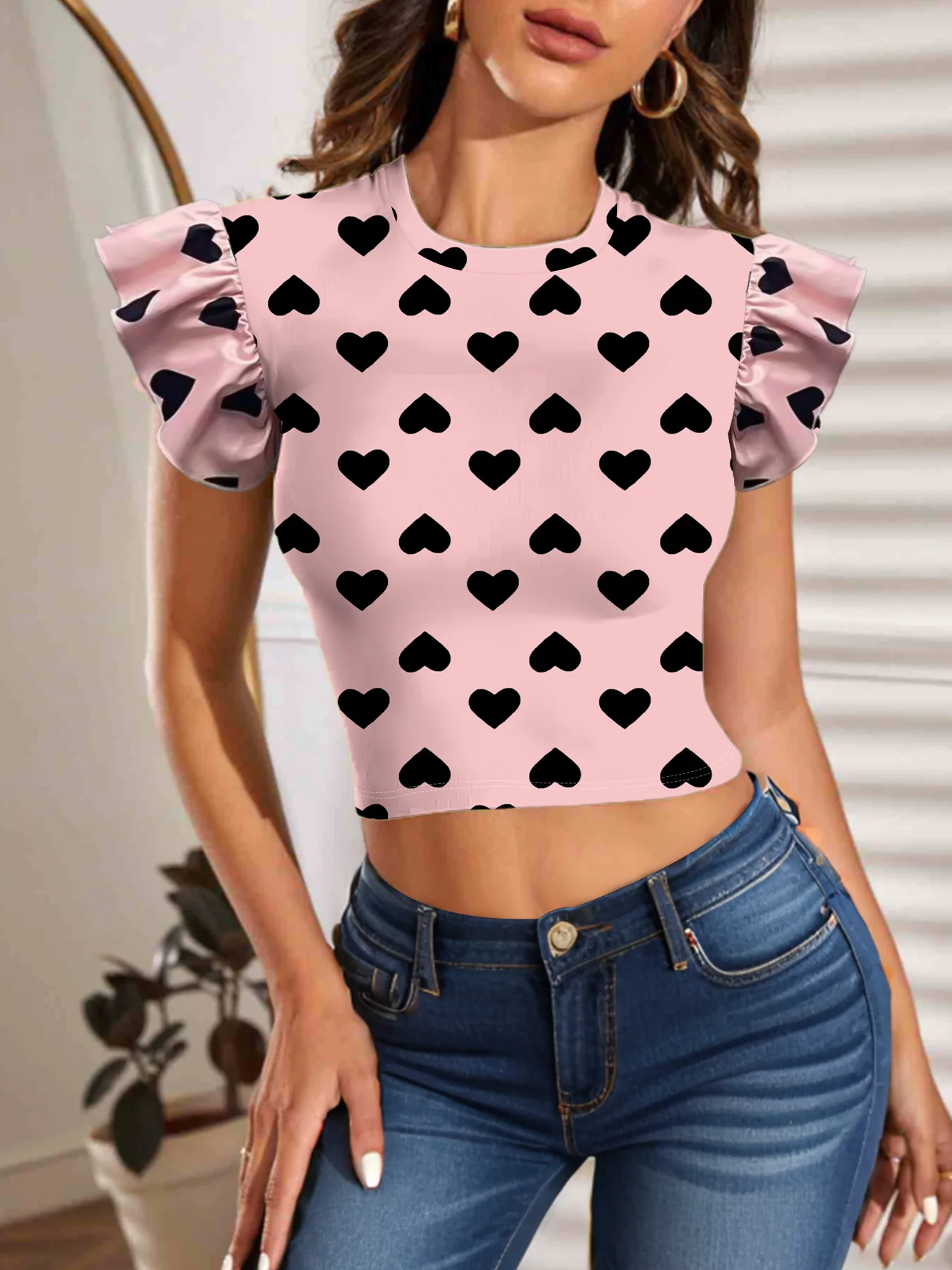 

Модная женская рубашка с принтом Direct Gaojin Nai, топ с короткими рукавами и рюшами для отдыха, элегантная розовая женская блузка