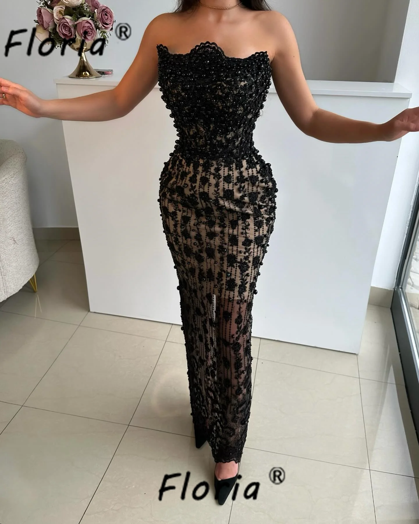 

Luxury Beads Mermaid Prom Dresses Black Woman Pearls Lace Appliques Heavy Handmade Evening Party Gown Vestido Noche Customized