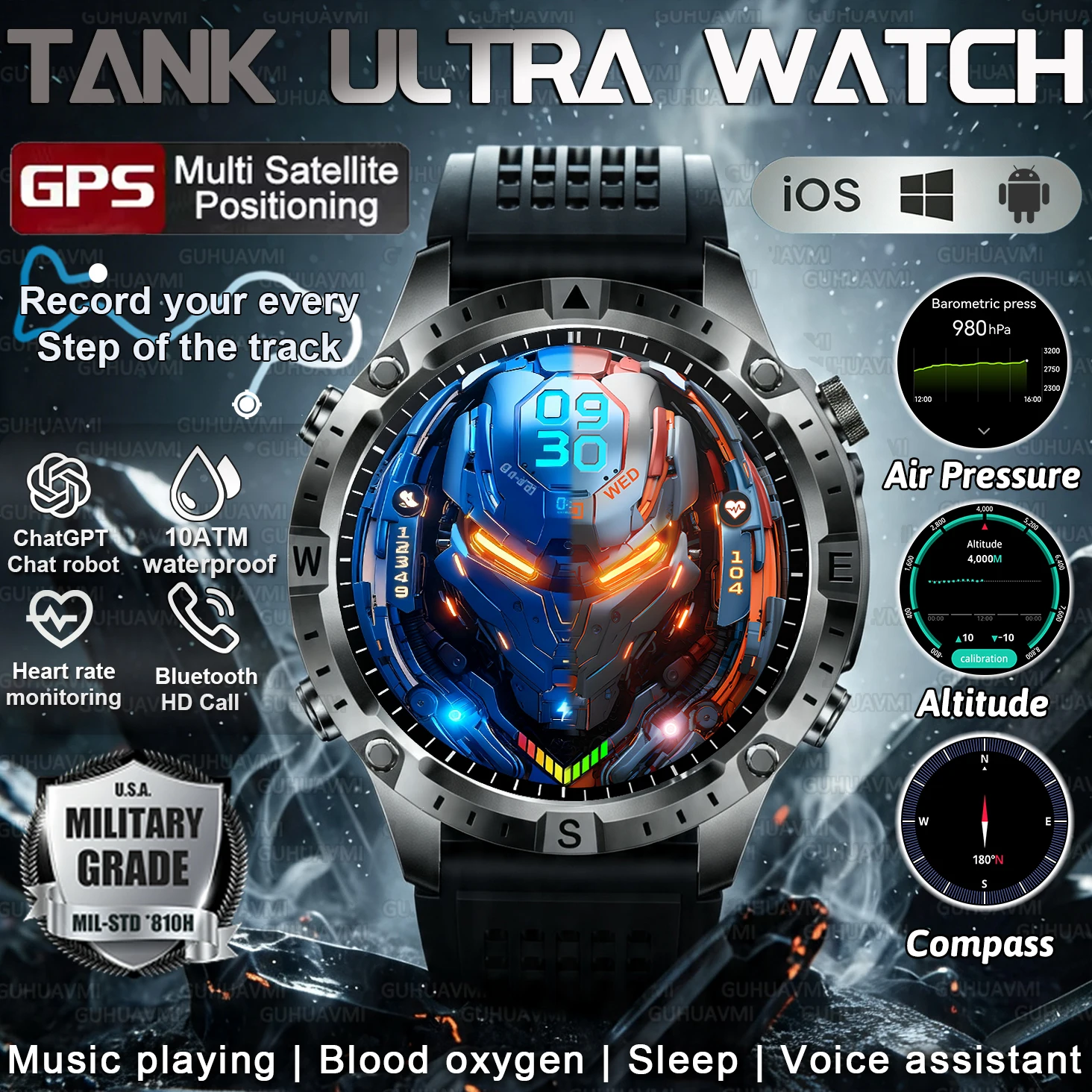 

2026 New Outdoor Military Smart Watch Men GPS Track 100 meters Waterproof 730mAH HD Call Sports Fitness GPS Track Smart Watches
