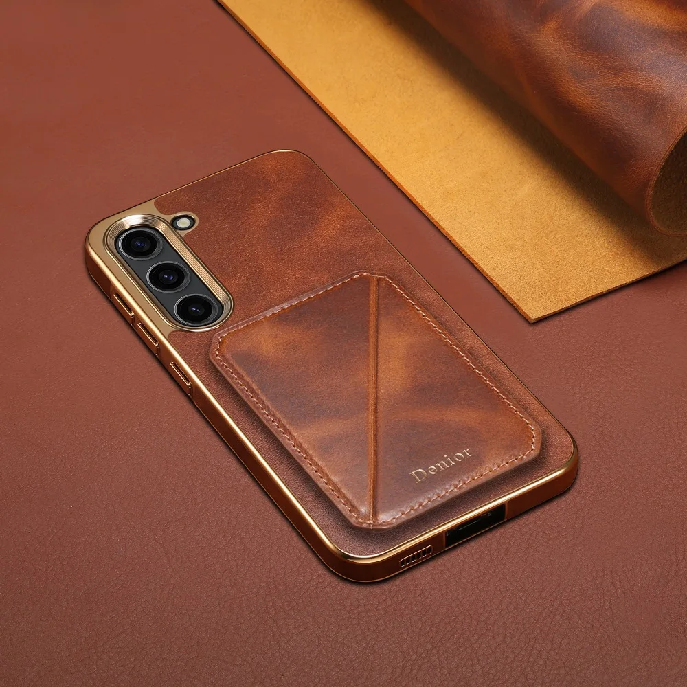 

Solid Color Genuine Leather Phone Cover for Samsung Galaxy S23 S24 Plus S25 Ultra with Back Card Slots