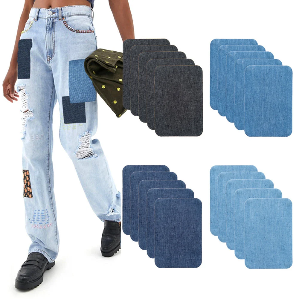 

20PCS Cotton Denim Patches Repair Kit Elbow Knee Iron On Denim Patches Clothes Stickers DIY Sewing Fabric