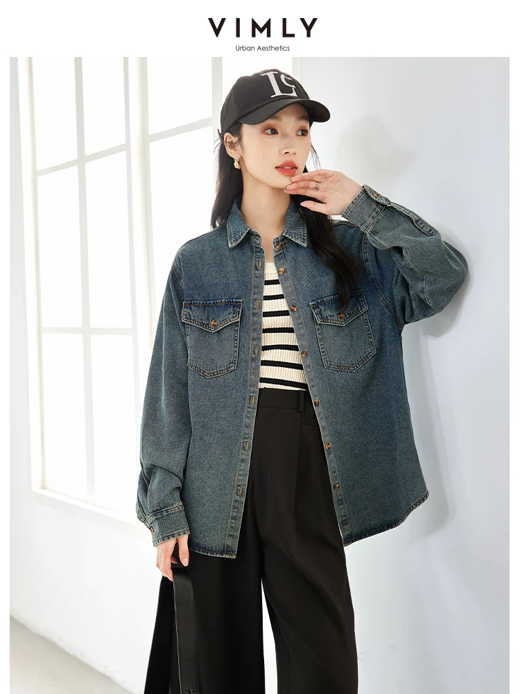 VIMLY Women's Vintage Streetswear Denim Jacket Autumn Solid Commuter Lapel Jean Jackets Casual Simple Loose Tops Lady Outerwear