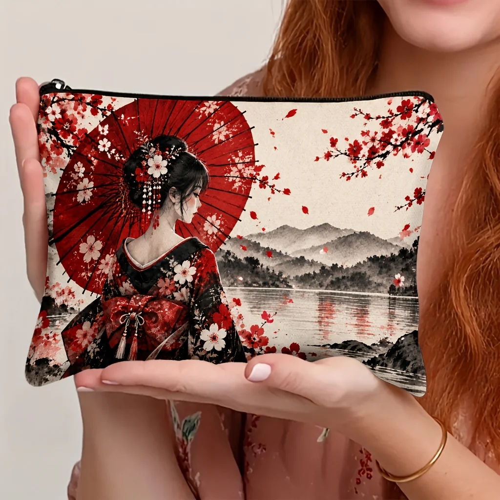 Japanese Geisha Makeup Bag Red Umbrella Sakura Plum Blossom Ink Landscape Print Zipper Cosmetic Pouch Portable Storage Bags Gift