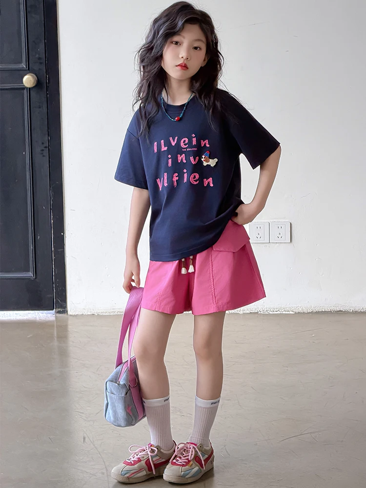 la-chapelle-girls'-korean-style-summer-outfit-short-sleeve-five-point-pants-cute-two-piece-set-for-middle-and-big-children