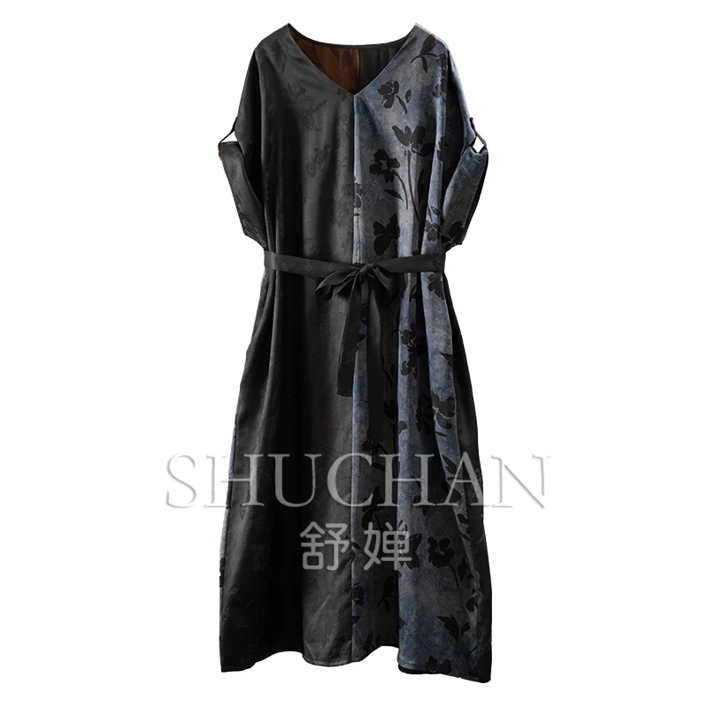 

Design Ding Luxury Jacquard Fragrant Cloud Yarn Plain Satin Bat Sleeve Silk Dress Women 44B1
