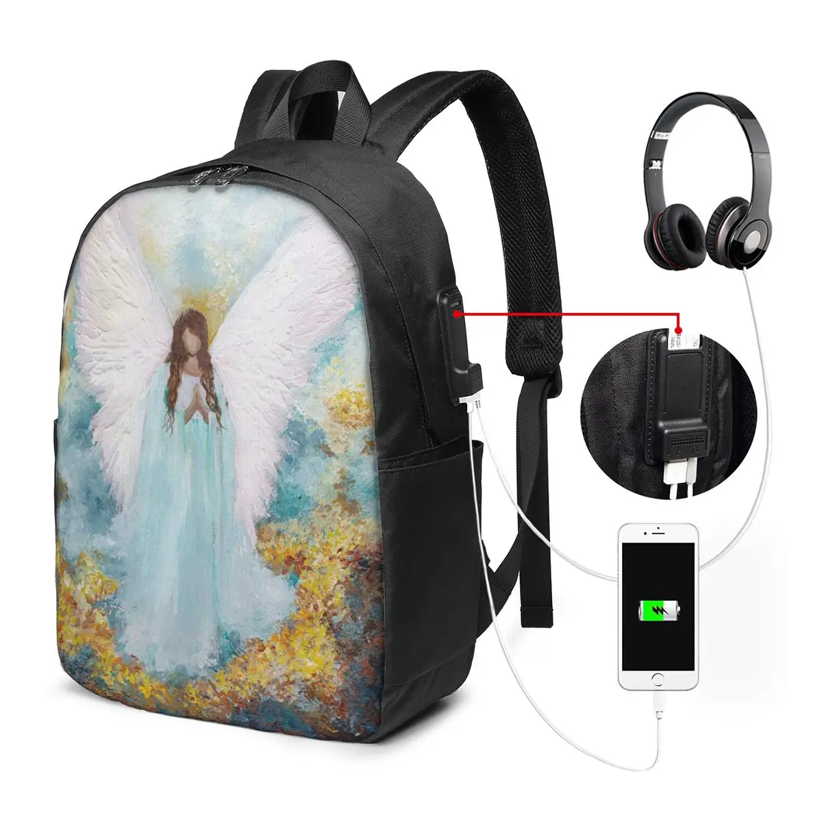 Lovely Angel Wishing Pattern Backpack Travel Notebook Bag Computer College Student School Bag Laptop Shoulder Bags for Men Women