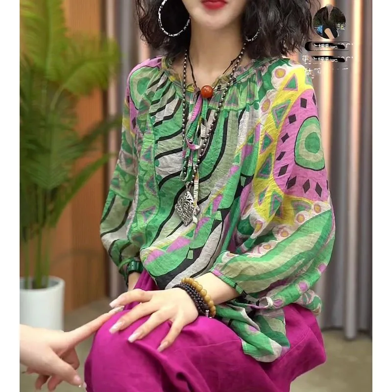 2024 Summer New Pullovers Elegant Vintage Loose Folk Tribal Crew Neck Printed Three Quarter Commuter Tie Up with Chiffon Tops