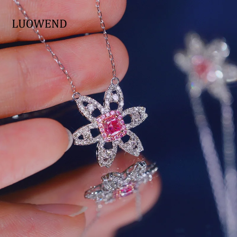 LUOWEND 100% 18K White Gold Necklace Women Vintage Flower Shape Real Natural Pink Diamond Pendant Necklace High Party Jewelry