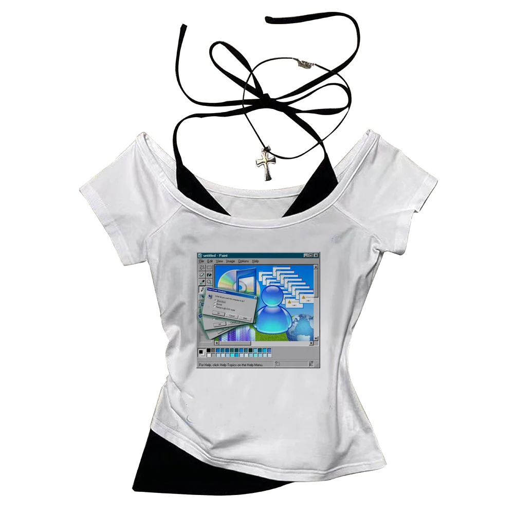 Frutiger Aero cropped top female dollette party meme scene  japanese t-shirt vintage graphic manga dollette alternative