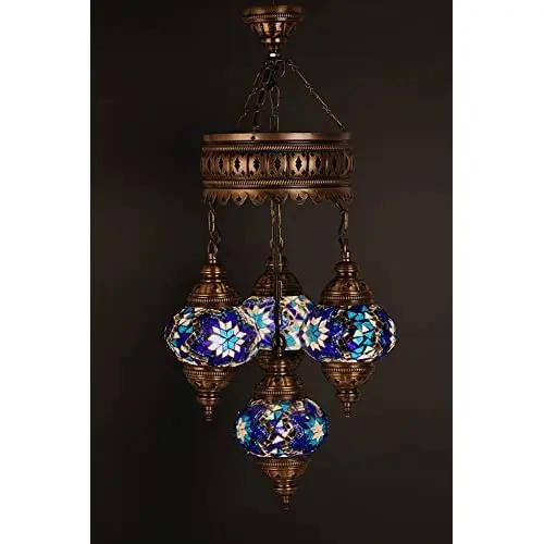 (Height: 27.6 in) Mosaic Chandelier Set 3 Globes, handmade Authentic Tiffany Lighting Moroccan Lamp Glass Stunning Bedside Night