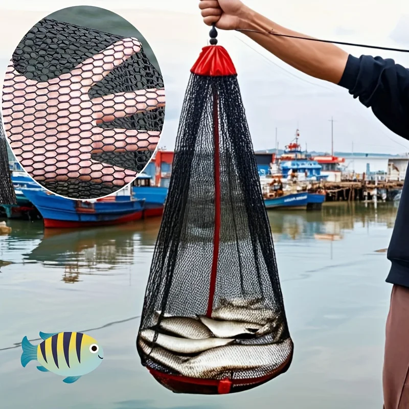 1PC Nylon Mesh Fishing Bag with Long Rope & Retractable Loop, Lightweight Breathable Foldable Fish Protection Net Fishing Tool