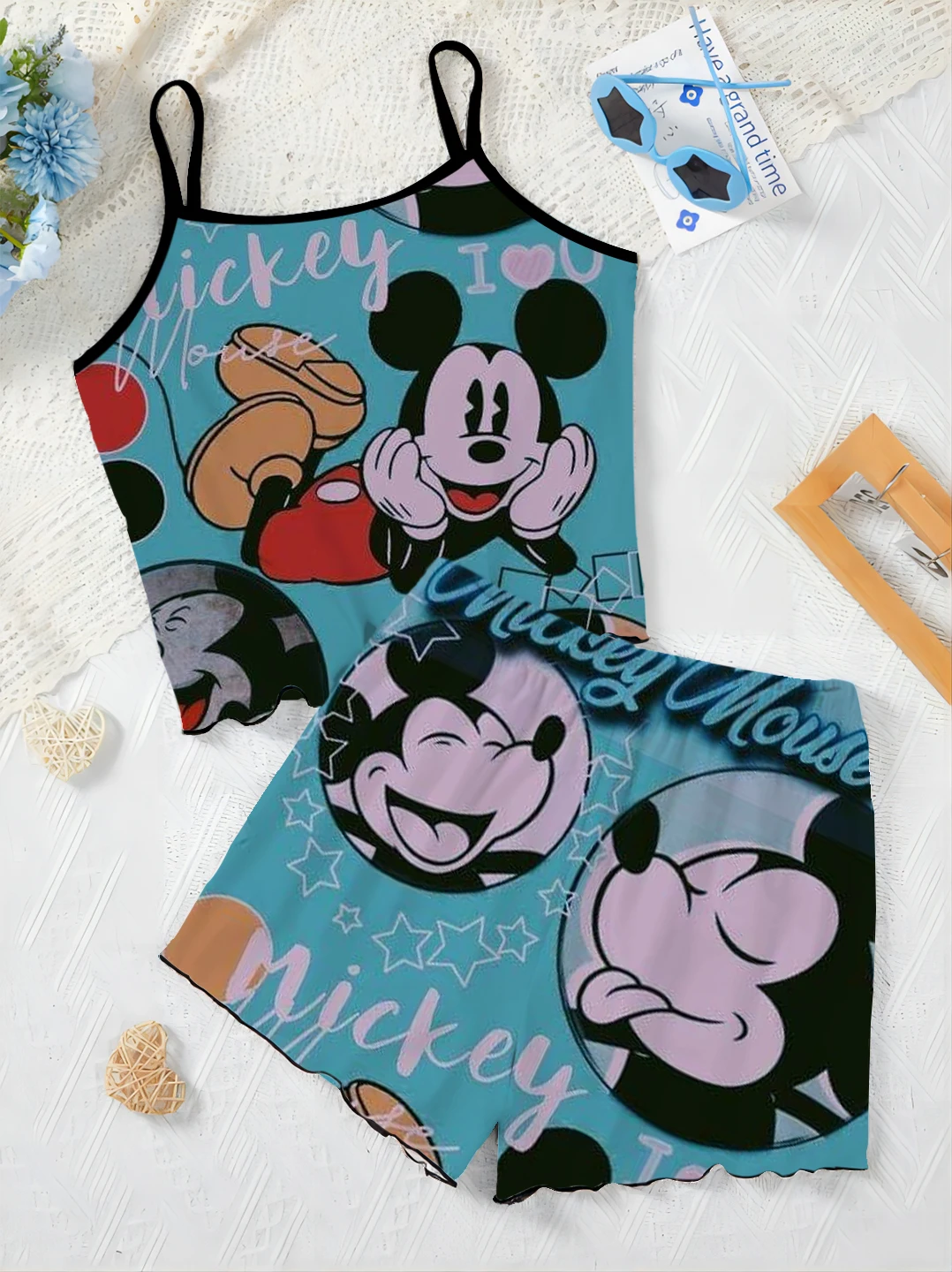 Slip Dress T-shirt Lettuce Trim Minnie Mouse Top Mickey Elegant Women's Sets Disney Pajama Skirt Pieces Short Suit Disney Mickey