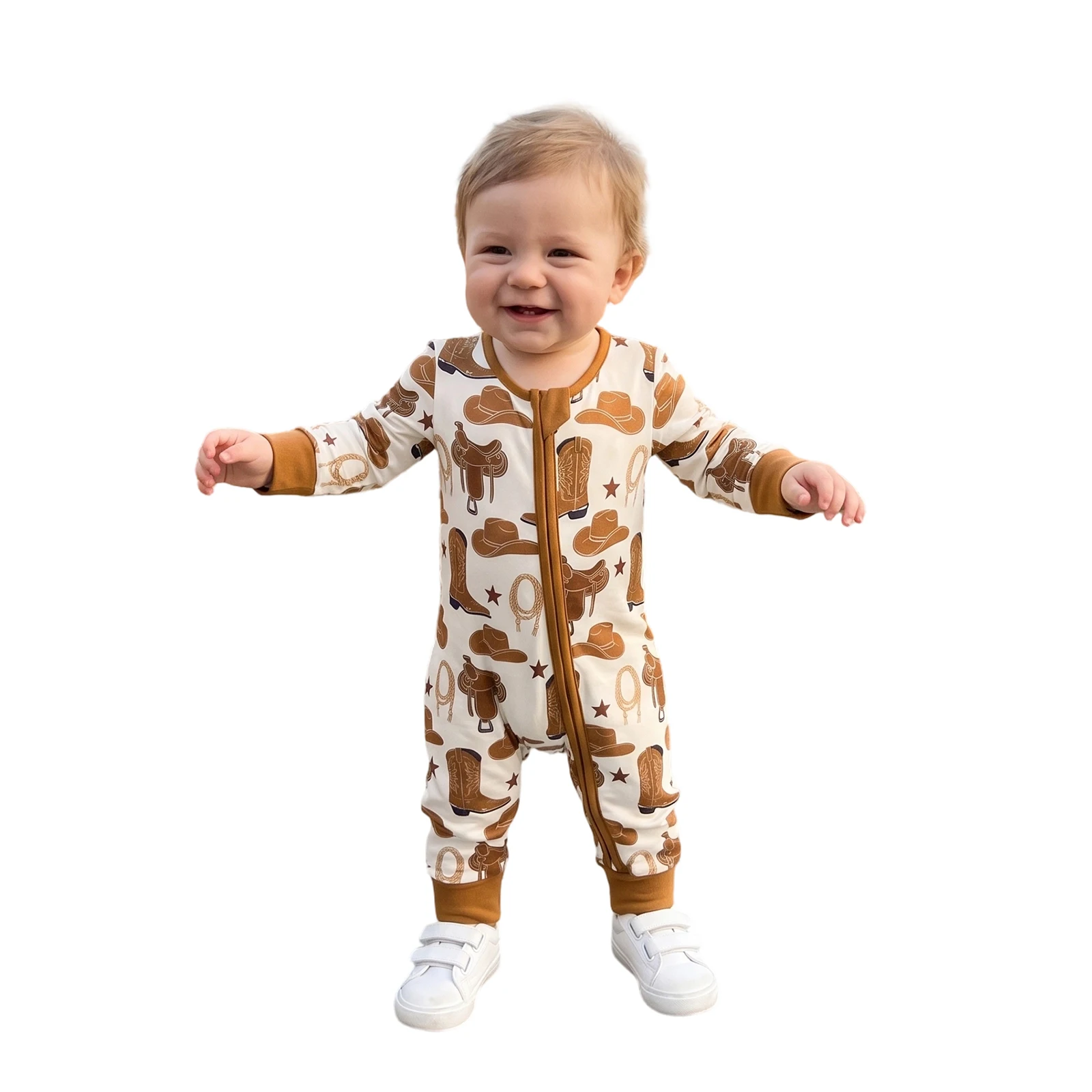Baby Boy Western Romper Printed Long Sleeve Crew Neck Zipper Jumpsuit