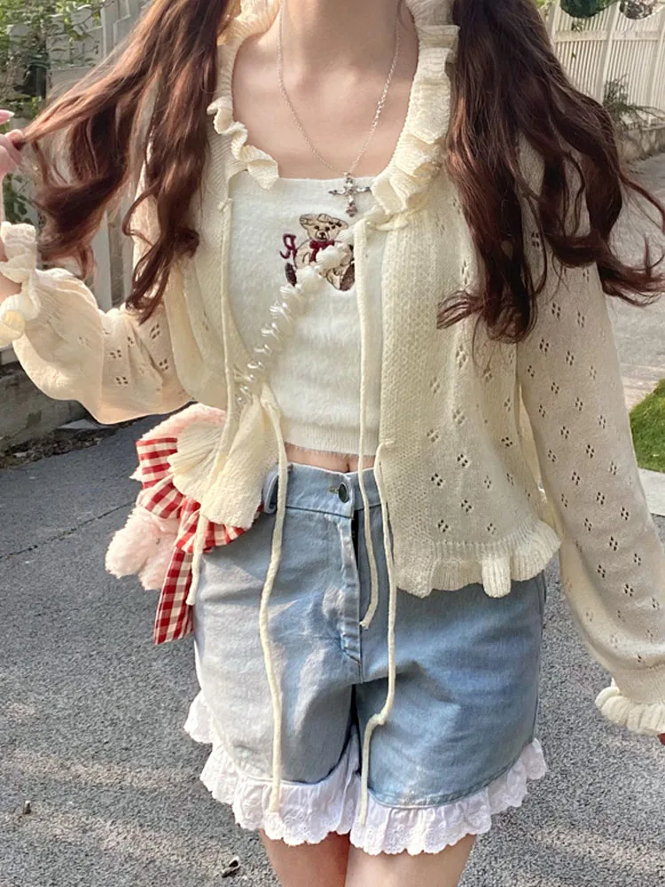 KIMOKOKM Japanese Preppy Style Sweet Girly Bandaged Bow Cardigan Vintage Solid Color Sweetheart Flare Sleeve Knitting Sweater