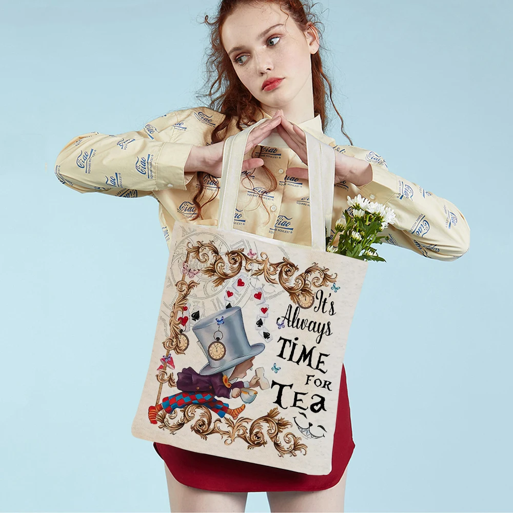 Wonderland Fashion Shopping Shoulder Bag for Girl Reusable Double Sided Print Casual Children Canvas Tote Handbag