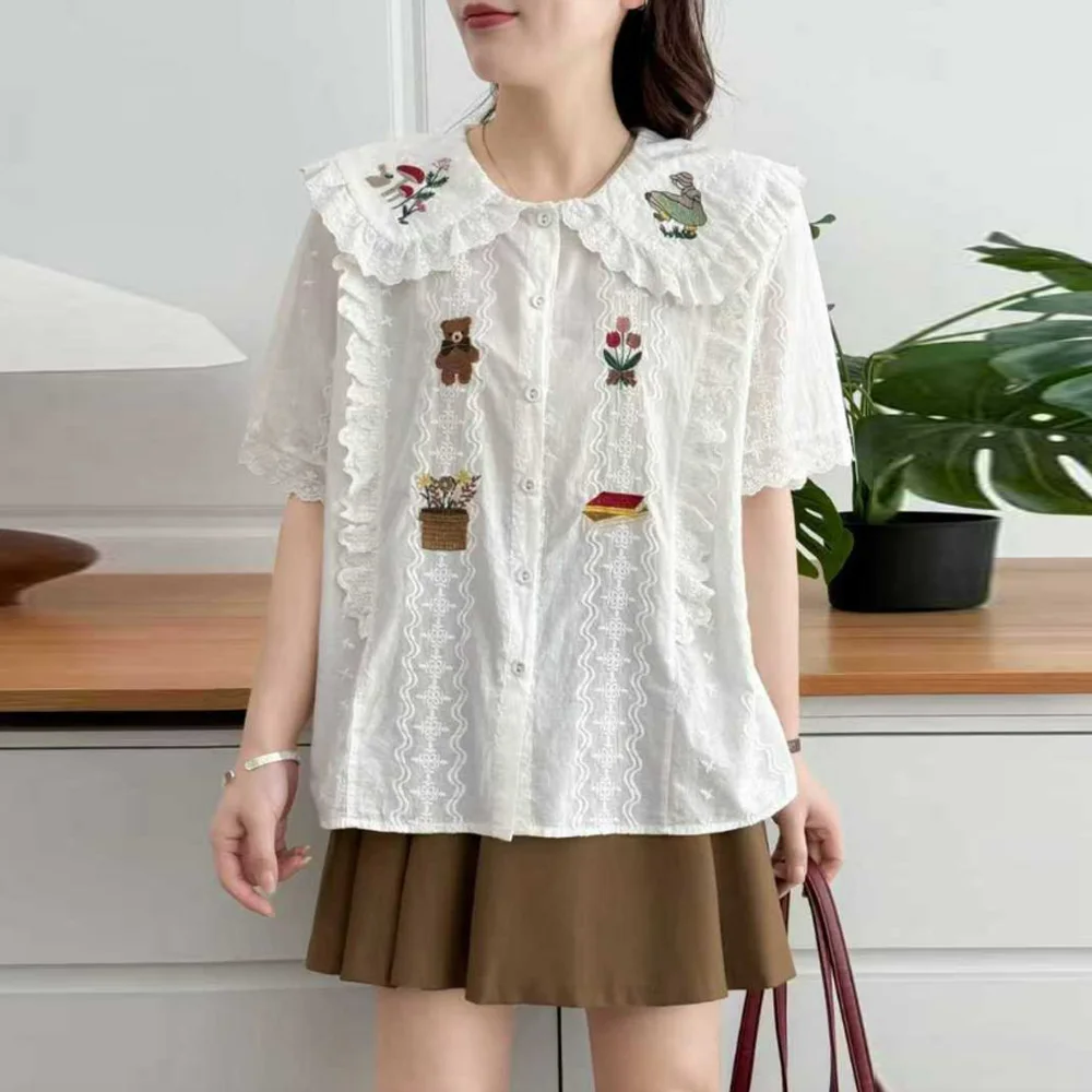

Japanese Vintage Mori Girl Cartoon Bear Flowerpot Embroidery Shirts Women Summer Peter Pan Collar Short Sleeve Casual Blouse Top