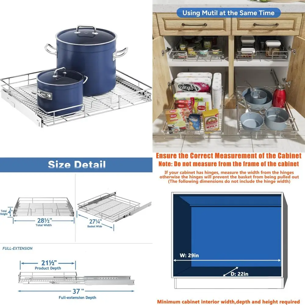 

Pull Out Cabinet Organizers - Heavy Duty Slide Out Shelves for Kitchen Cabinets, 28.5 Wide x 21.5 Deep, Space-Saving Storage Sol