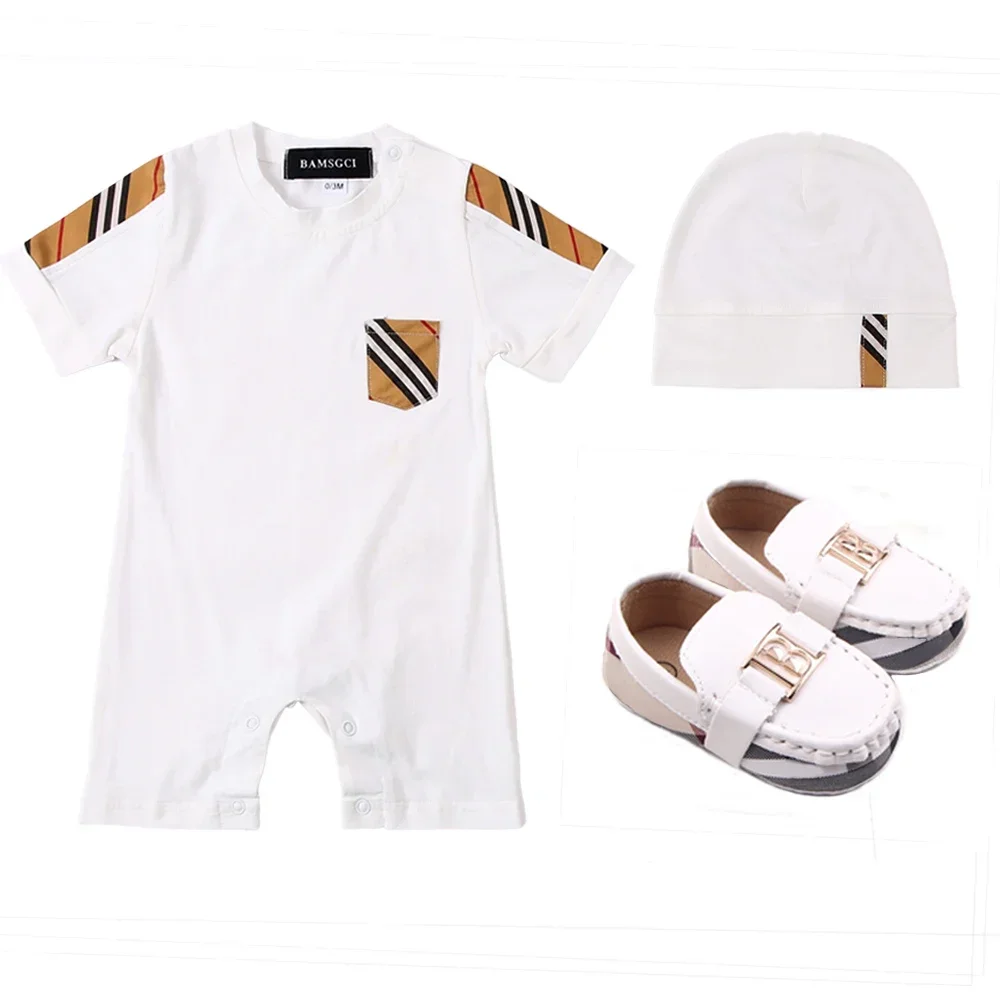 

New Summer Fashion newborn baby boy clothes Plaid stripes cotton short-sleeved boys girls romper and shoes hat bibs matching Set