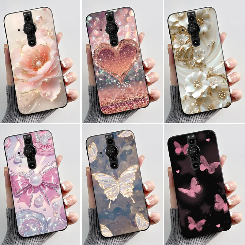 Capa com estampa impressa para sony xperia pro-i, capa de silicone macio preta, capa fofa com desenho de flor, capa coque
