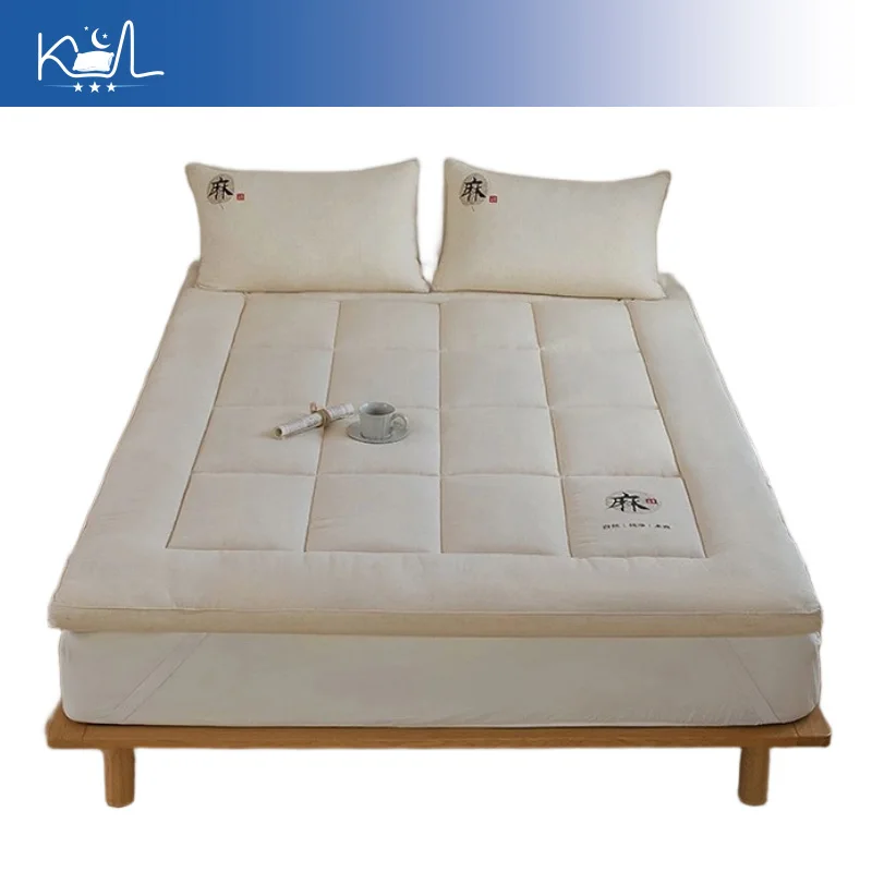 Natural Linen Fitted Mattress Pad, Soybean Fiber Filled Tatami Mat, Soft Breathable Bed Topper for Home & Dorm, Washable