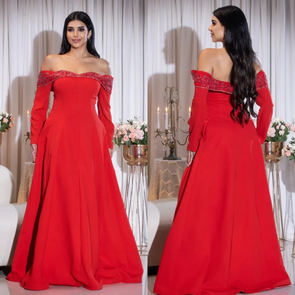 

Customized High Quality Jersey Pleat Sequined A-line Off-the-shoulder Long Dresses Bespoke Occasion Party Elegant