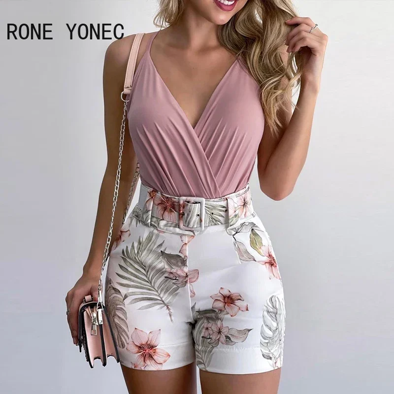 Women Plain Ruched Top & Tropical Print Shorts Set Summer Vacation Suit