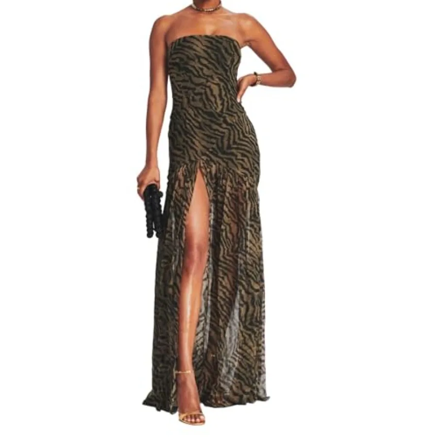 

Women Tube Top Dress Tiger Stripe Mesh Patchwork Maxi Dress Strapless Sexy High Slit Long Dresses Beach Vacation