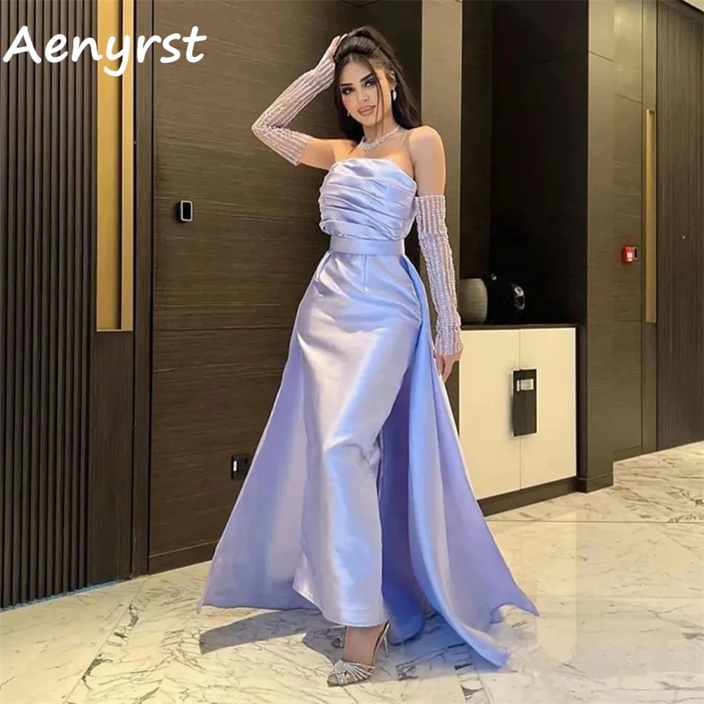 Aenyrst Purple Strapless Pleated customized Prom Dresses Satin Detachable Train Evening Gowns Ankle Length Formal Occasion Dress