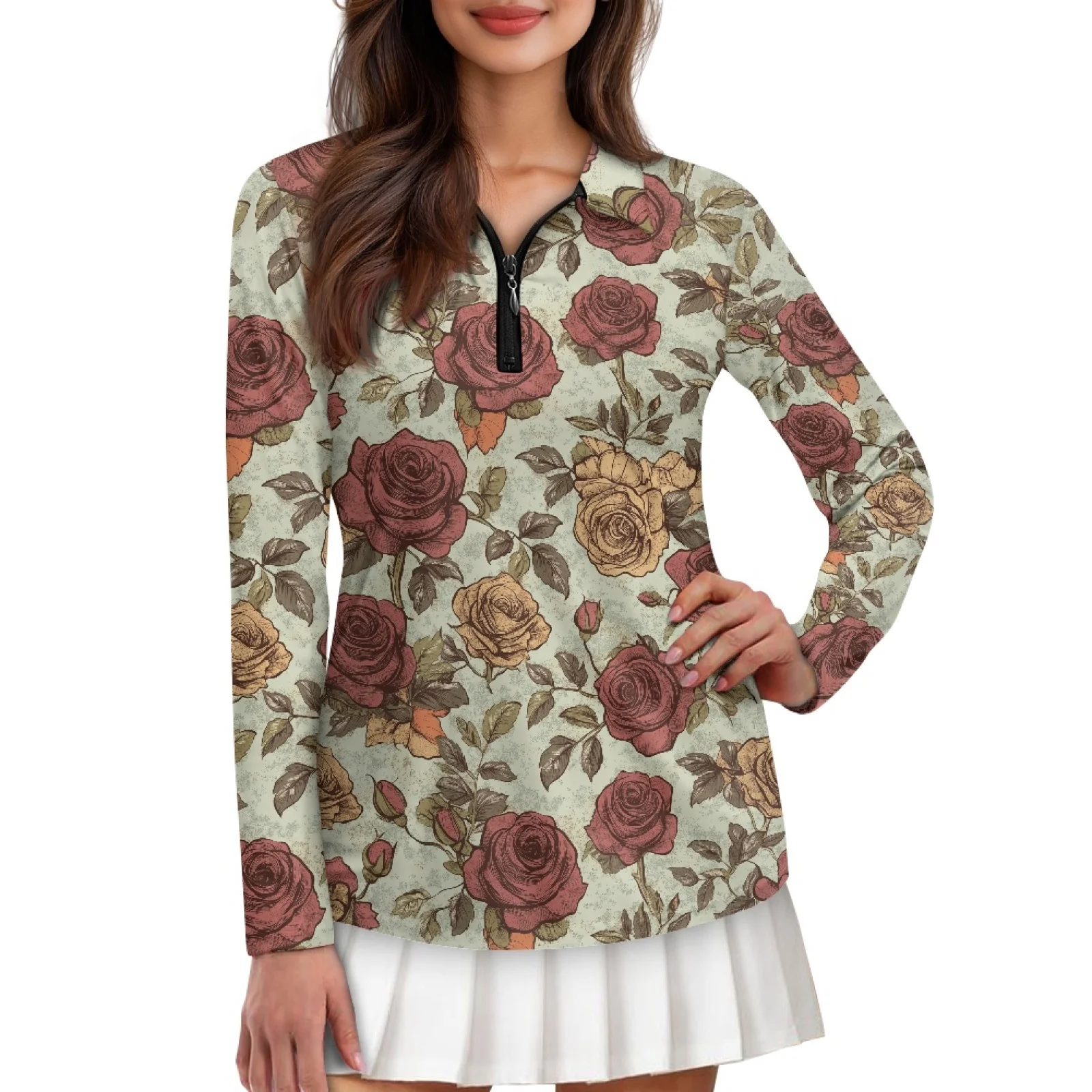 PENSTROLL Rose Womens Soft Polos Shirts for Women Long Sleeve Golf Tops for Golf Course