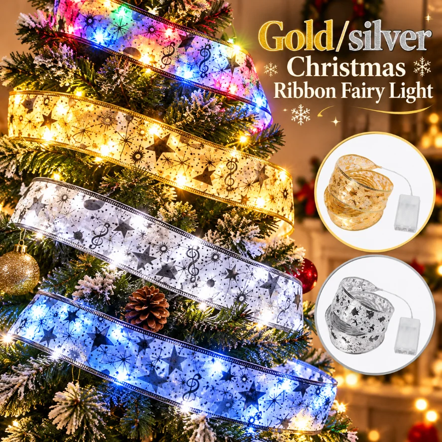 1-10m Gold Silver Christmas Ribbon Fairy Lights Battery Operated LED Ribbon String Lights for Christmas Tree Home Decor
