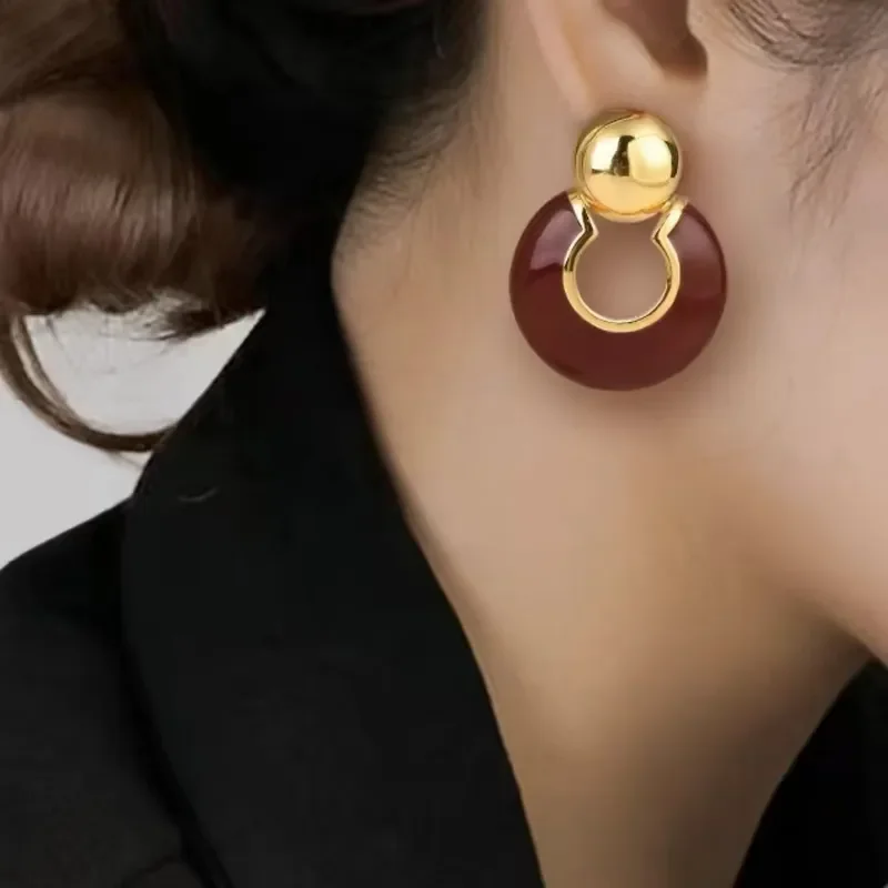 Vintage Hong Kong style enamel dripping angola red earrings vintage copper plated 18k gold trendy geometric earrings earrings