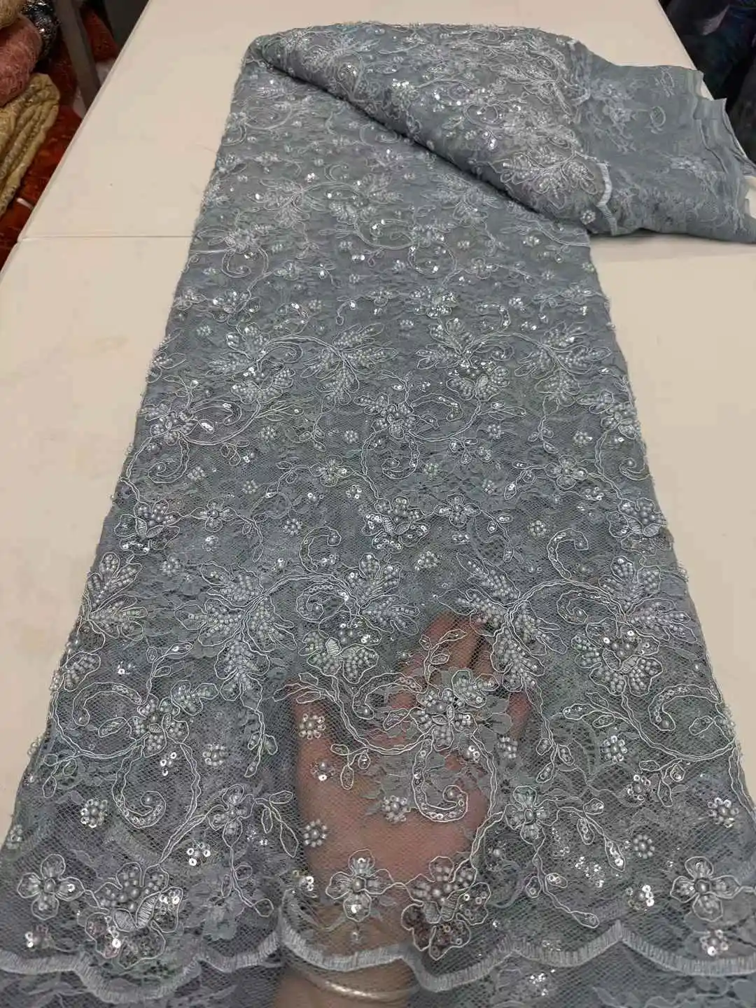 2025 African French Nigerian High End Tulle Lace Fabric With Beads Sequins Embroiderg Mesh for Wedding Party Bride Sewing Dress