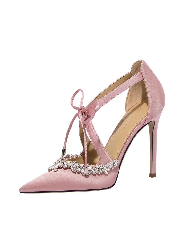 

Summer pointed pink silk rhinestone cross strap low-heeled shoes thin high-heeled banquet large size small size women's sandals