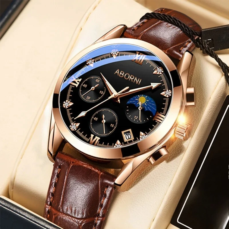 

ABORNI 8005, роскошные мужские часы, водонепроницаемые часы с календарем и ночником, мужские кожаные кварцевые деловые часы высокого качества для мужчин