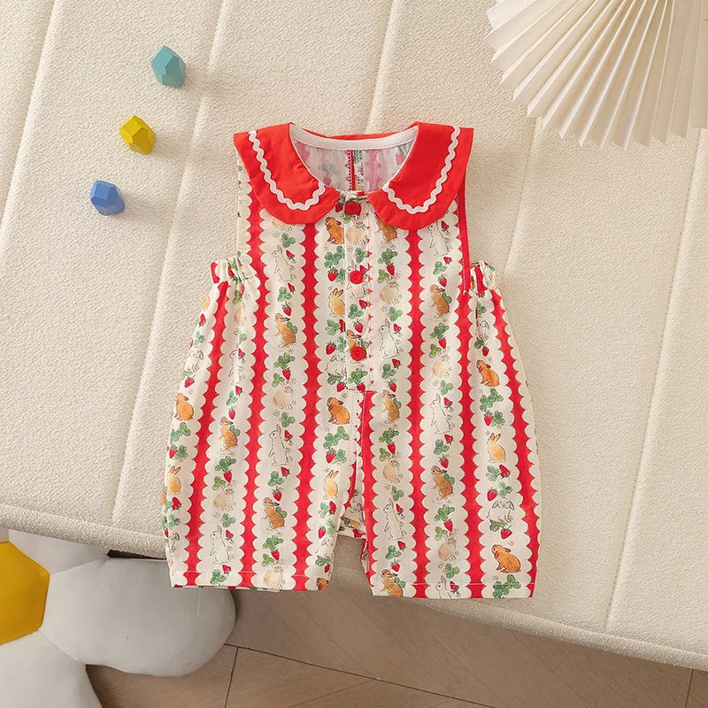 

0 - 2 Y Newborn infant Adorable Baby Girls' Cotton Romper with Rabbit Print Doll Collar and Rabbit Ears Design Cute and Soft