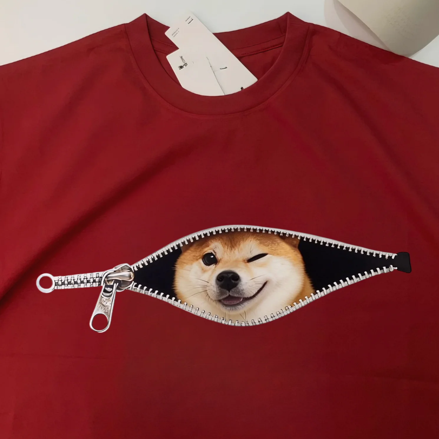 Zipped Zipper Shiba Inu Smiling Winking Dog Fun Short Sleeve T-Shirt Unisex Half Sleeve Men Women Pure Cotton Creative Fun