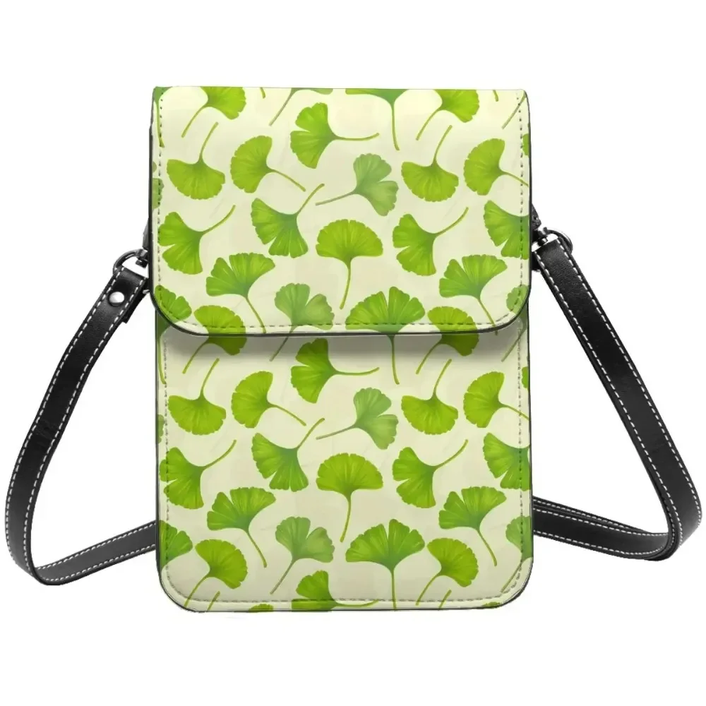 

Ginko Biloba Shoulder Bag Green Leaves Print Female Gifts Mobile Phone Bag Aesthetic Leather Office Bags