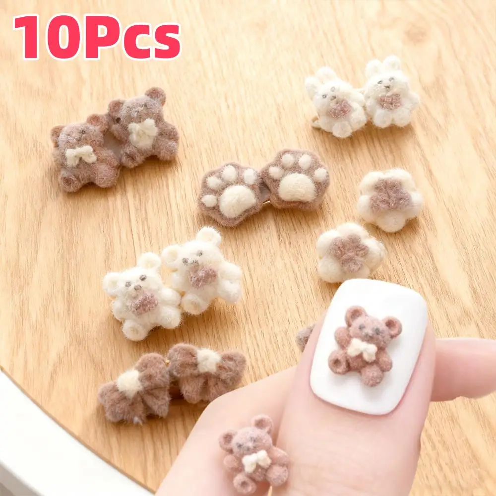 10 Uds. De encantadores dijes 3D de oso de peluche para uñas, lazos marrones, osos de peluche, pata de conejo, decoraciones artísticas para uñas, accesorios de manicura para Otoño e Invierno