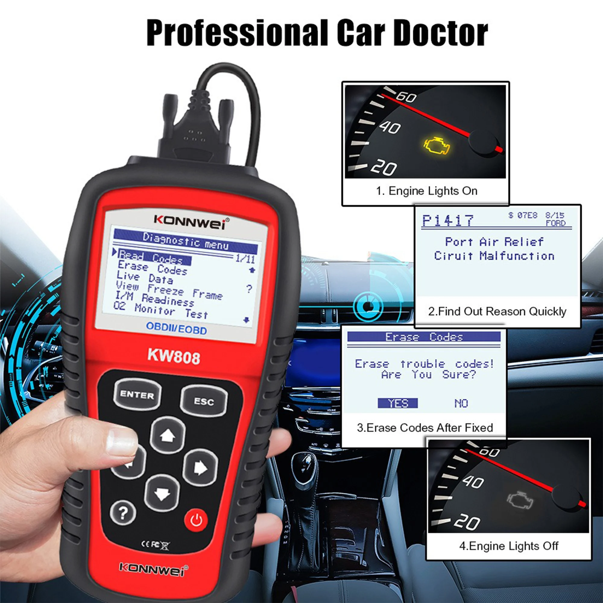 KONWEI KW808 Automotive Engine Fault Code Analyzer Supports All OBDII Compliant Vehicles Nine OBDII Test Modes 2.8’’Large Screen