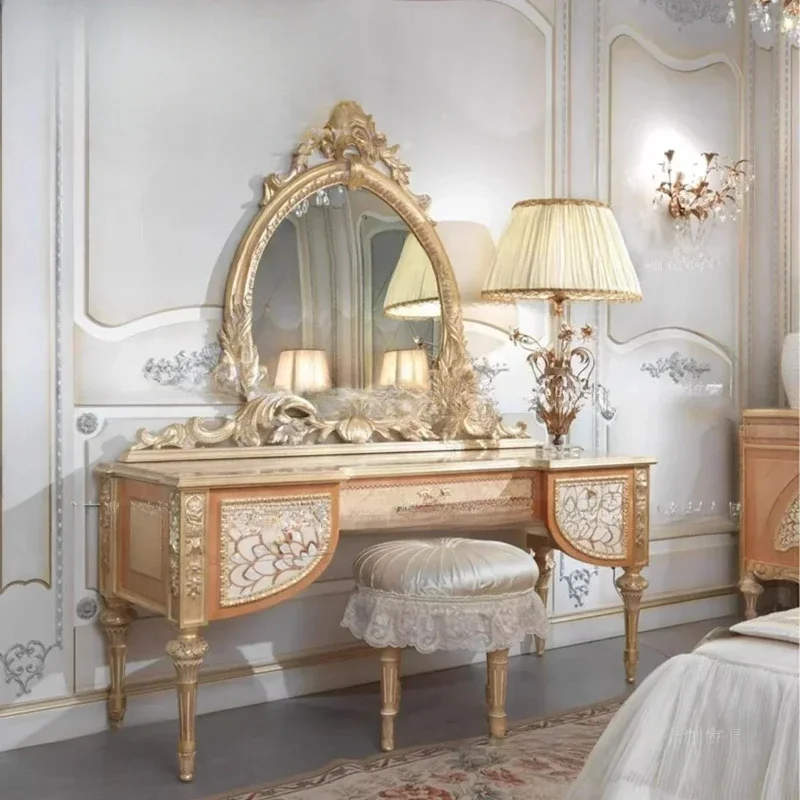 A European solid wood carving flower dresser makeup mirror makeup tableLX