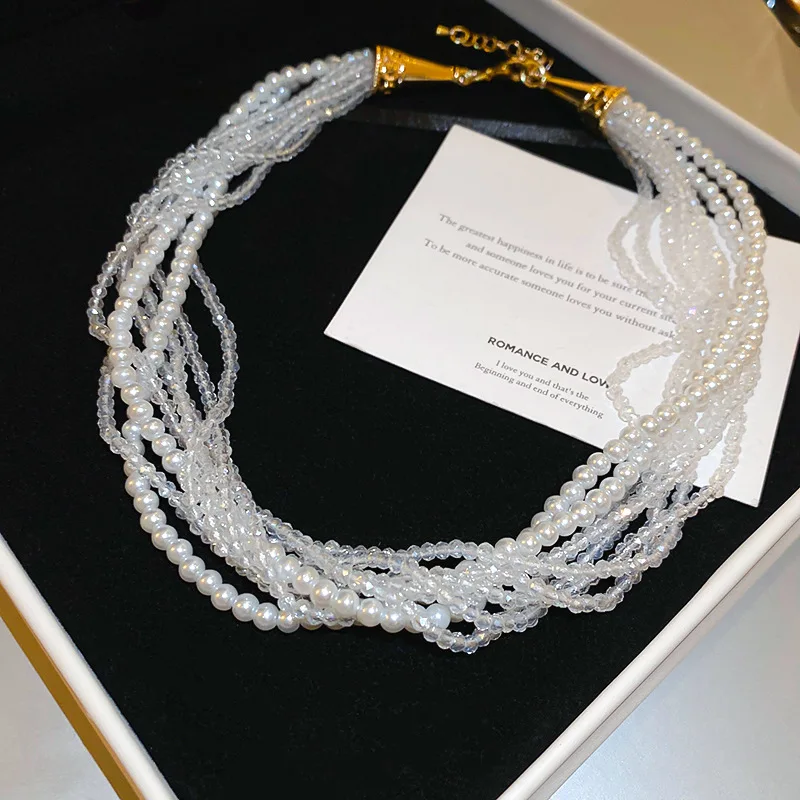 Multi-layer winding crystal pearl necklace